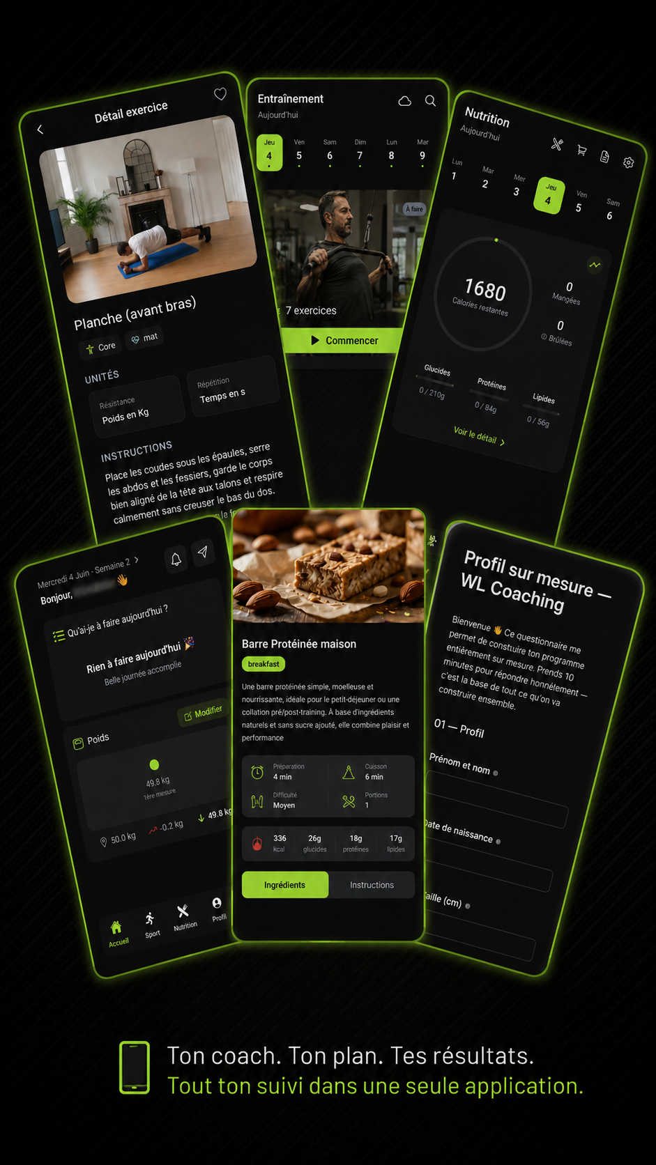 L'application dédiée WL Coaching : détail d'un exercice avec vidéo, entraînement du jour, suivi nutrition et calories, journal de poids, recettes et questionnaire Profil sur mesure